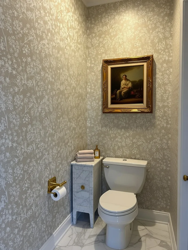 This serene powder room is transformed by a delicate Queen Anne's Lace-inspired wallpaper featuring clusters of dainty white umbel flowers and fine green stems scattered across a soft taupe or warm beige background. The subtle, repeating botanical pattern evokes a pressed, preserved wildflower elegance—airy, understated, and effortlessly romantic. Perfect for small spaces like bathrooms or powder rooms, this gentle design adds sophisticated texture and natural charm without overwhelming, creating a calm, inviting atmosphere. (Installed to beautiful effect in a local Easley-area home!)